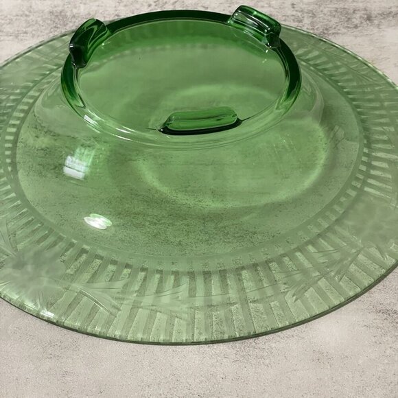 Vintage Green Depression Glass Flower Stripe Etch Console Bowl Candlesticks 3pc - Picture 7 of 9